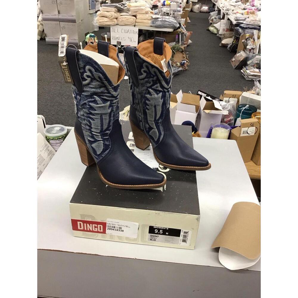 Dingo Tipsy Block Heel Leather Cowboy boots Blue 9 1/2